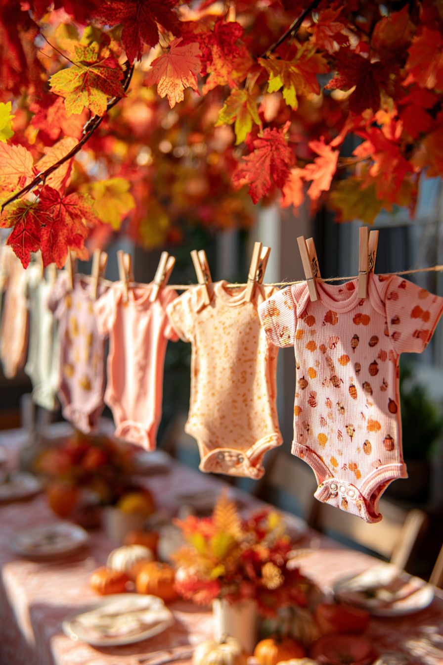 Showcase Autumn-Themed Onesies on a Clothesline