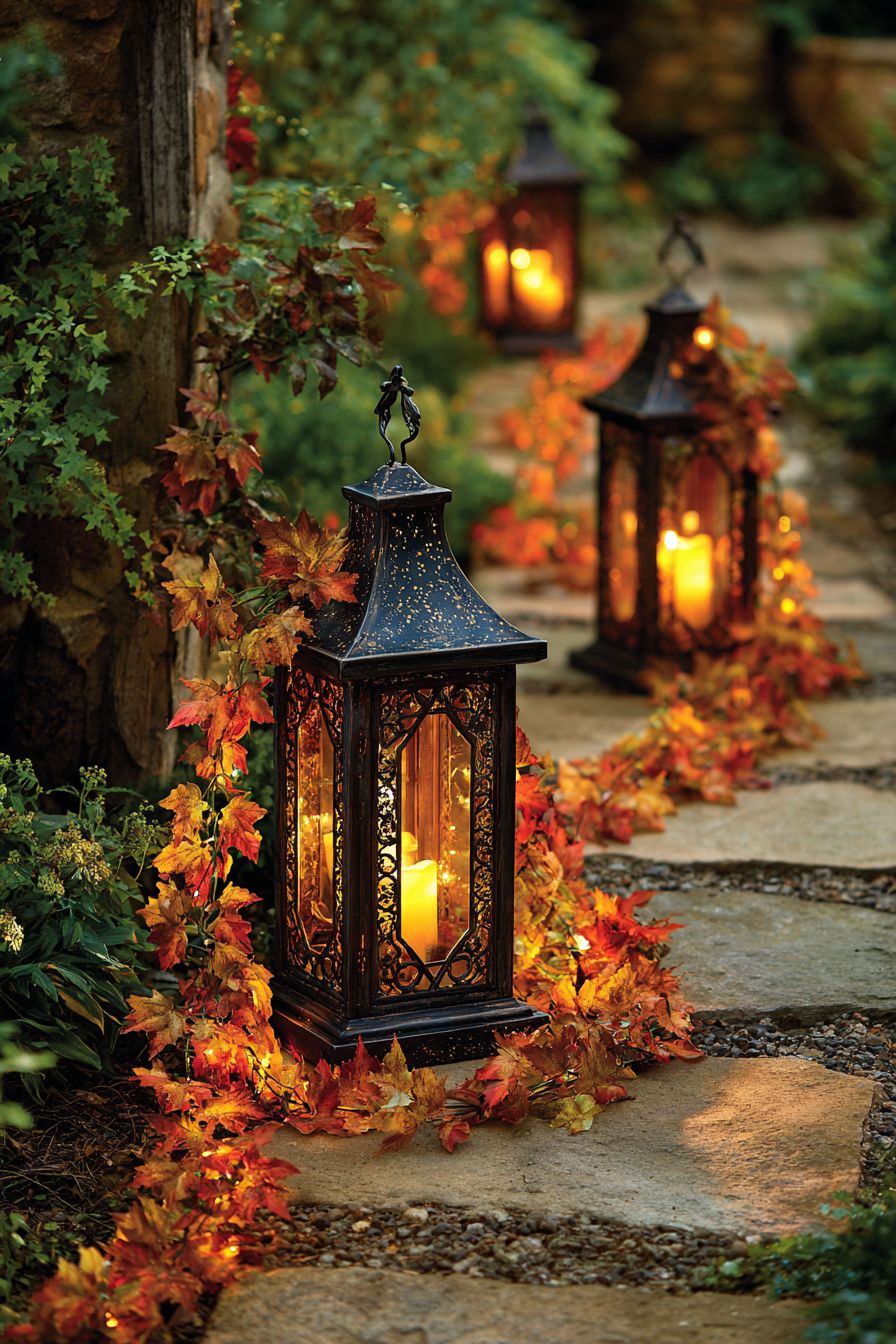 Illuminate Pathways with Lanterns and Faux Leaves