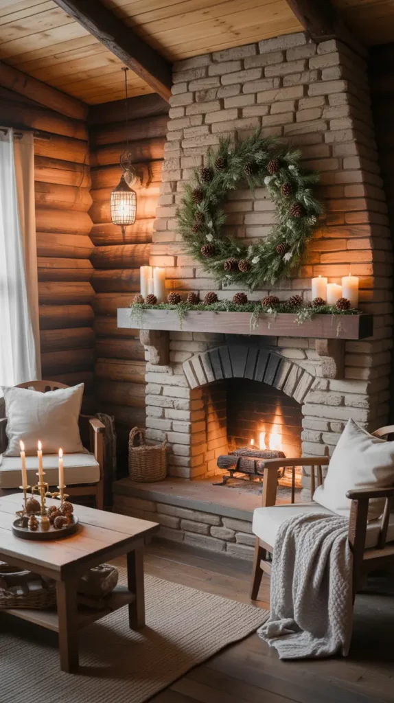 Rustic Pinecone Wreath on Mantel