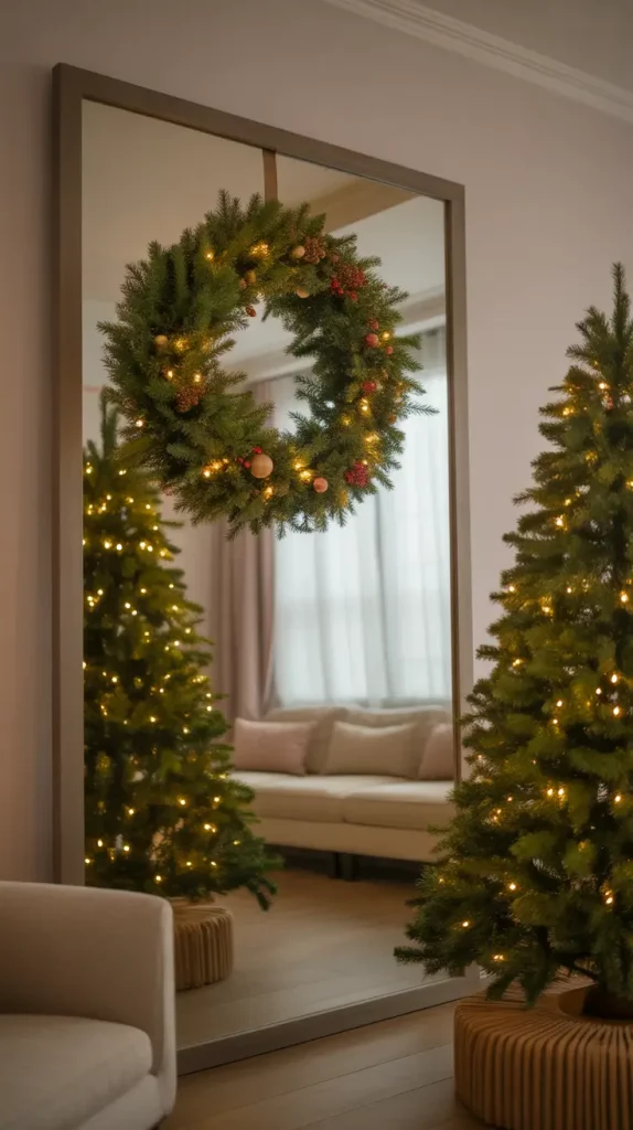 Lit Christmas Wreath on Wall
