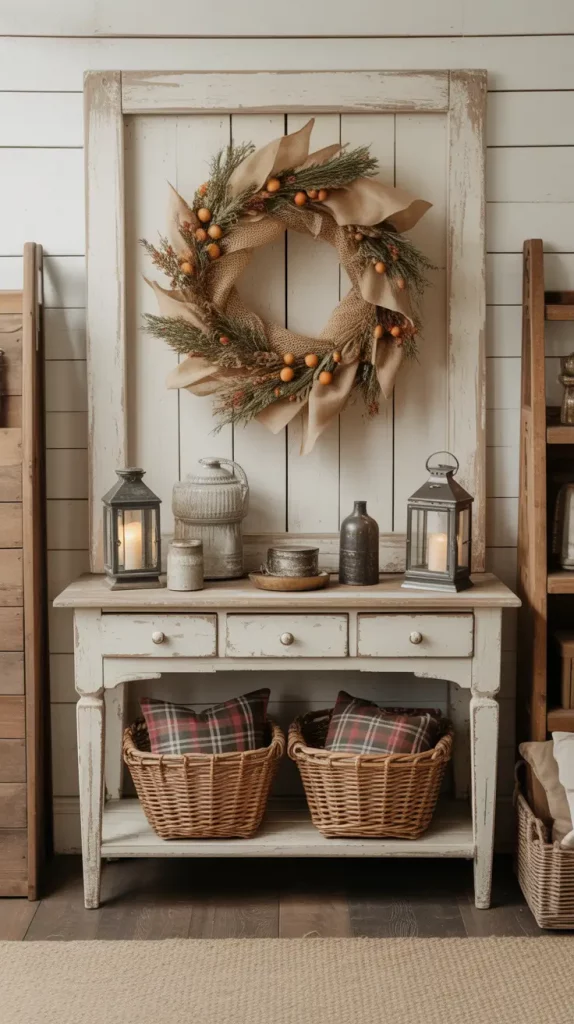 Primitive Christmas Wreath with Burlap and Dried Fruit