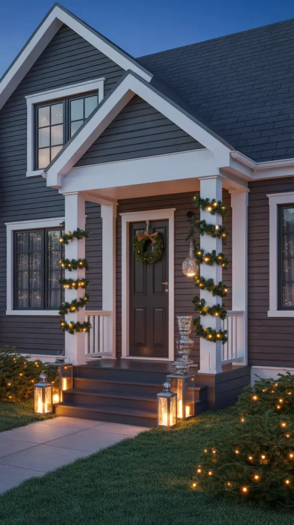 Christmas Lights Outside Ideas: White Lights with Evergreen Garland