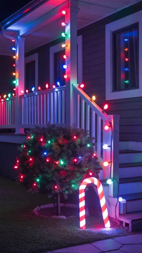 Colorful Christmas Lights on Bushes and Porch