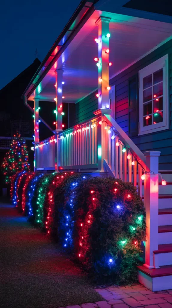 Festive Backyard Fence with Colorful Lights
