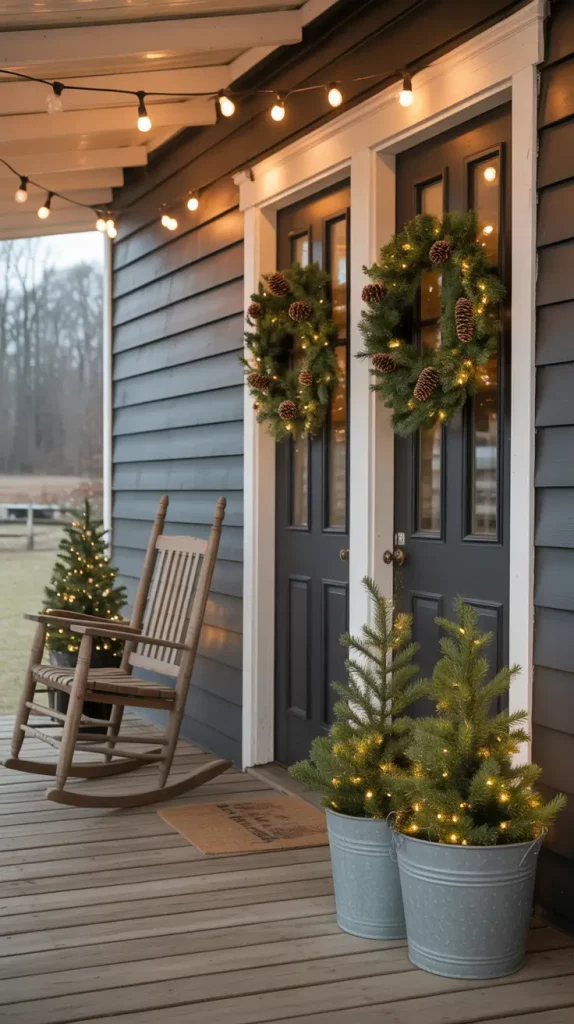 Farmhouse Porch with Lanterns and Mini Trees