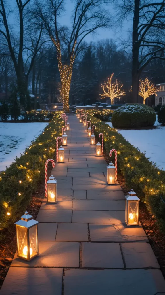 Snowy Pathway with White Lights