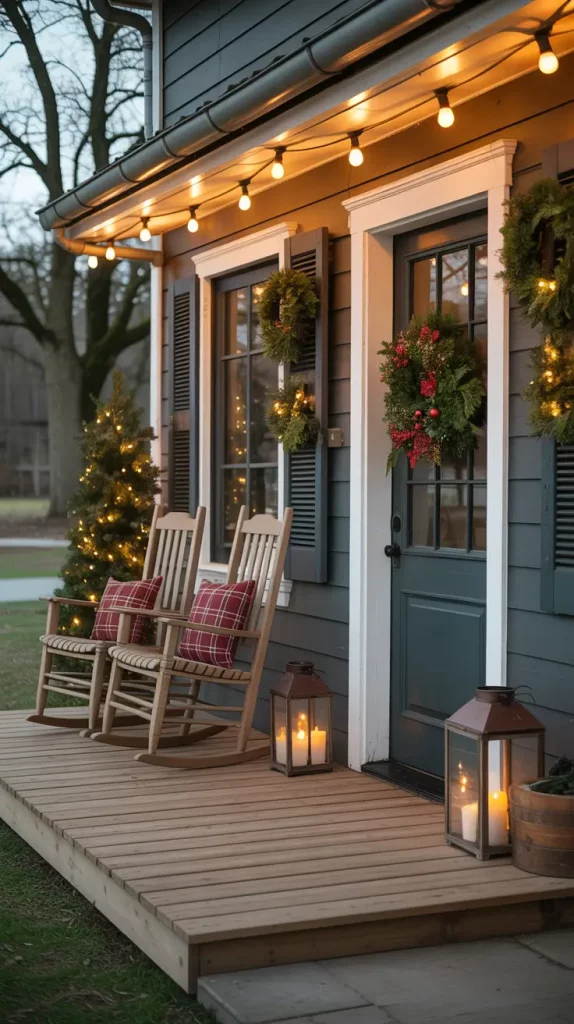 Farmhouse Porch with String Lights and Wreaths