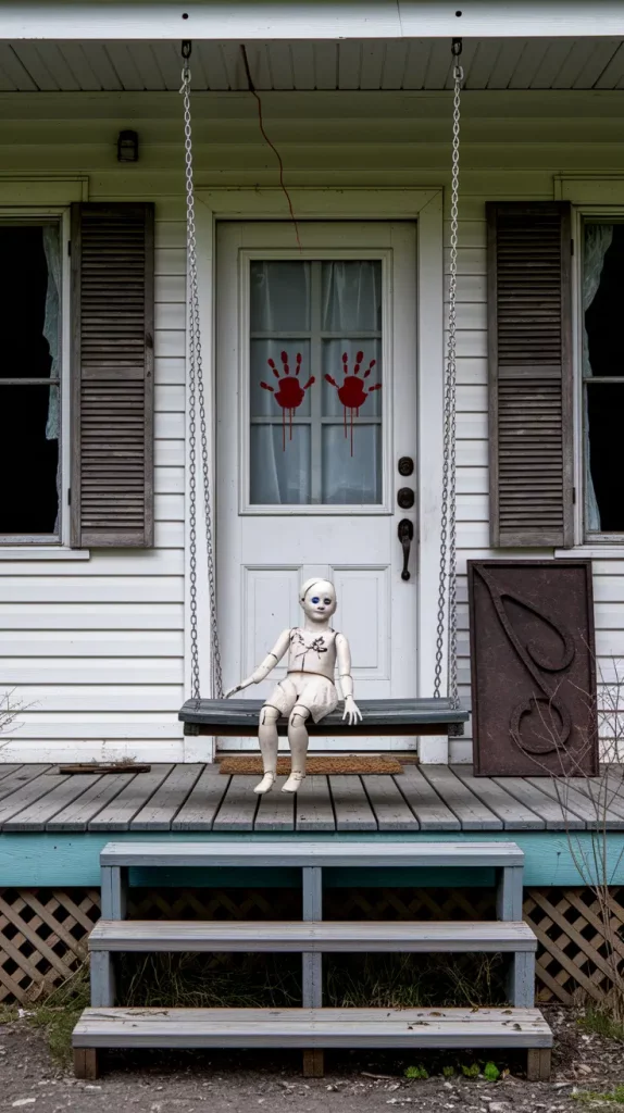 Cursed farmhouse porch with torn curtains and eerie props