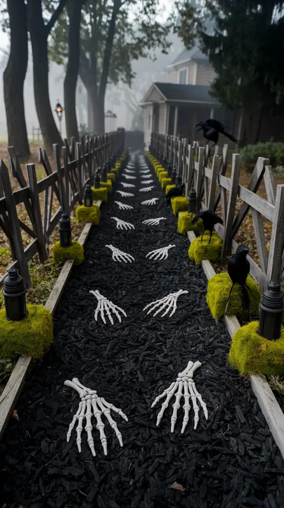 Haunted garden path with skeletal hands and fog