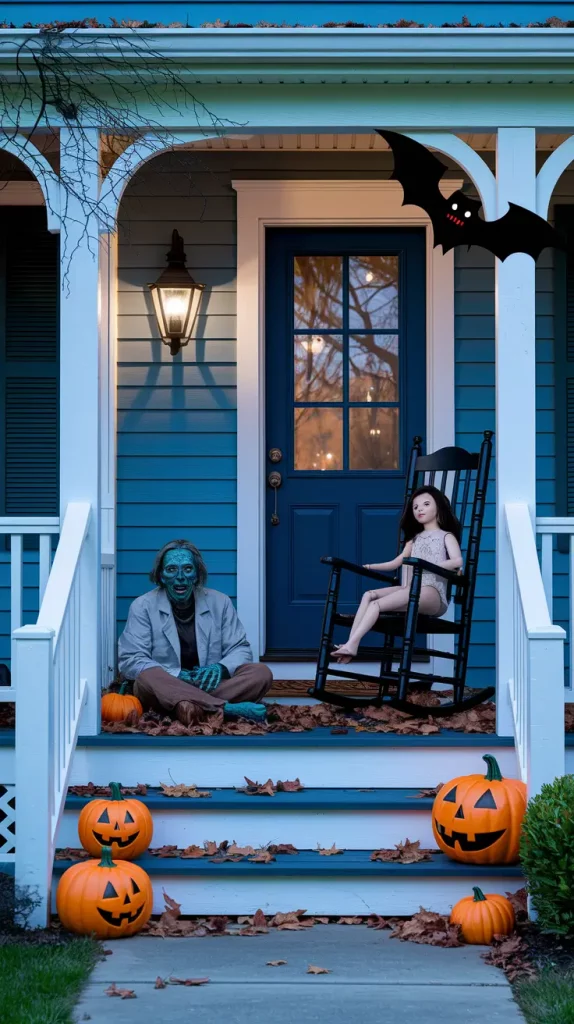 Motion-activated zombie and possessed doll on porch