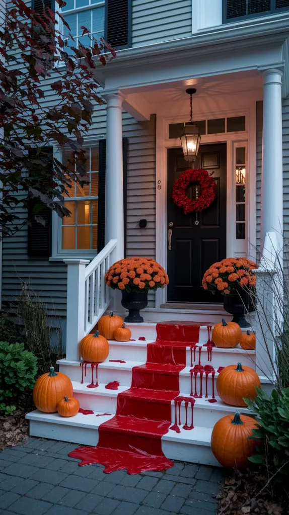 Blood-red accents on dark Halloween porch decor