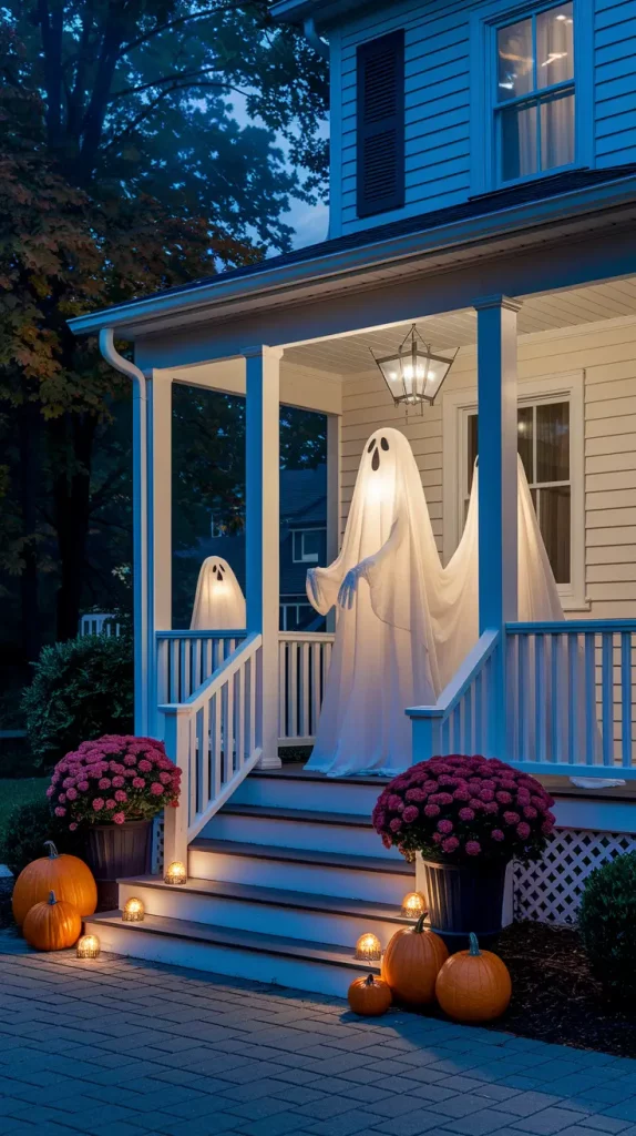 Ghostly figures hanging from porch ceiling