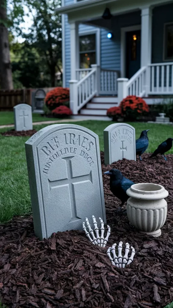 Graveyard scene with tombstones and skeletal hands