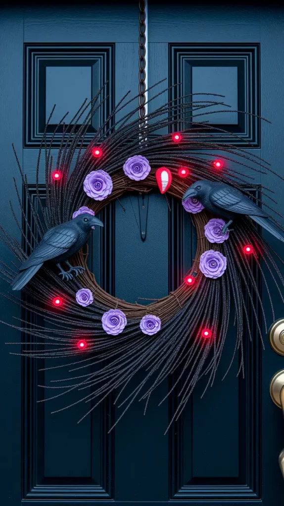 Sinister Halloween wreath with ravens and LED lights
