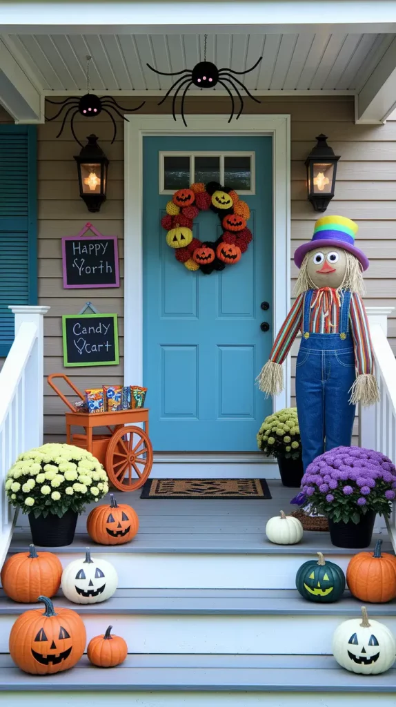 Family-friendly Halloween porch with playful decorations