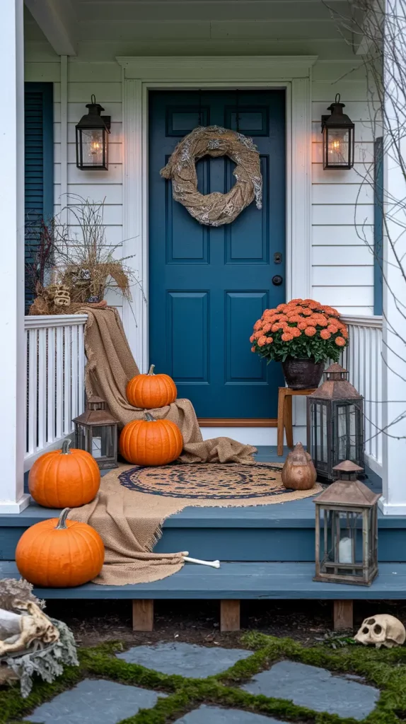 Layered textures on haunted porch with lace and burlap