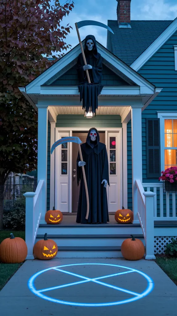 Grim reaper statue with glowing eyes on porch roof