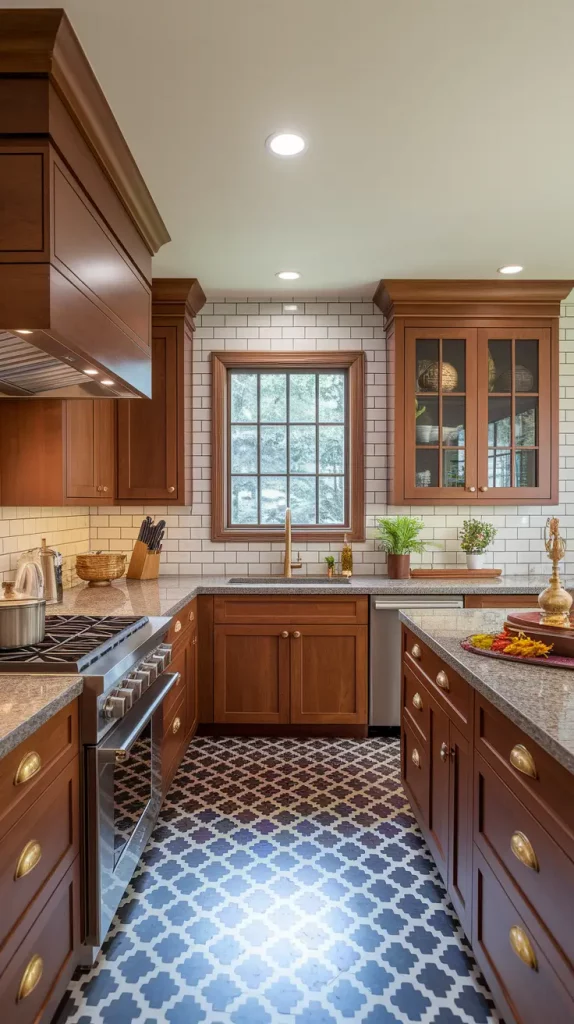 Indian kitchen with wooden cabinets and modern appliances