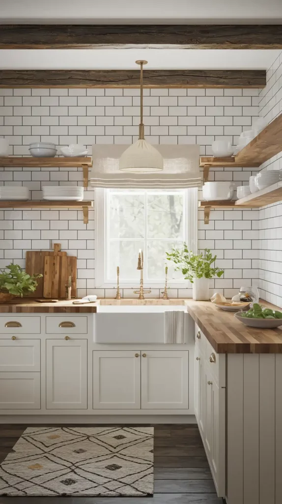 Rustic kitchen with open shelves and farmhouse sink
