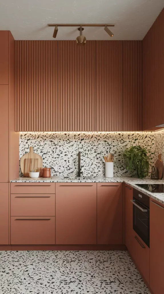 Kitchen with statement lighting and terrazzo backsplash