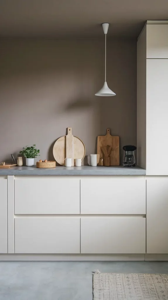 Minimalist kitchen with matte cabinets and concrete countertop
