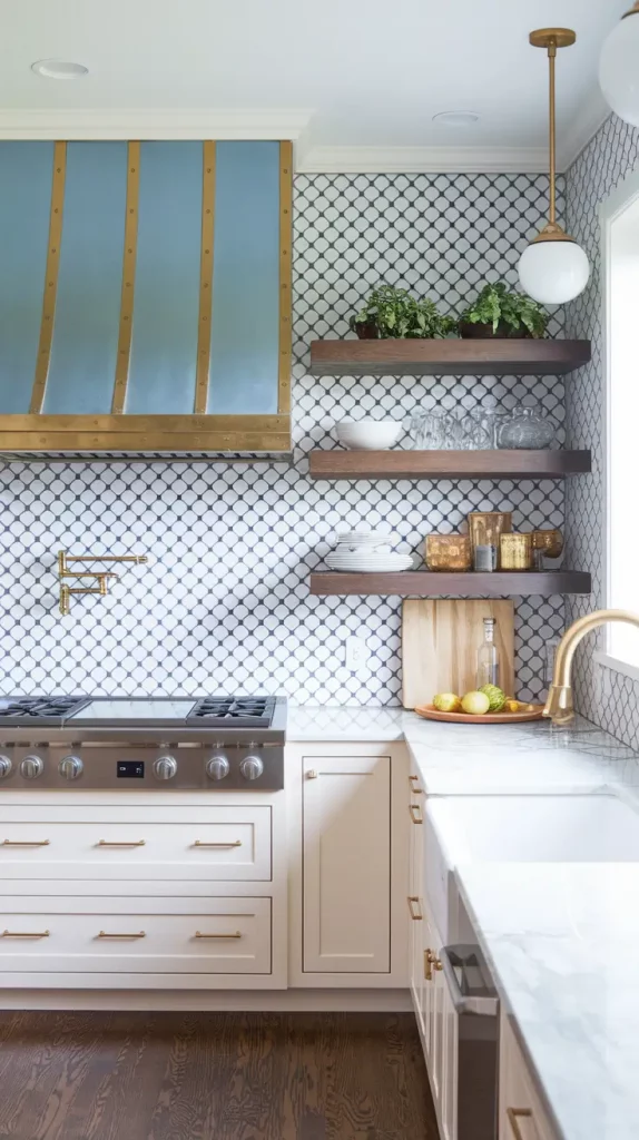 Navy hex-tile backsplash with gold grout