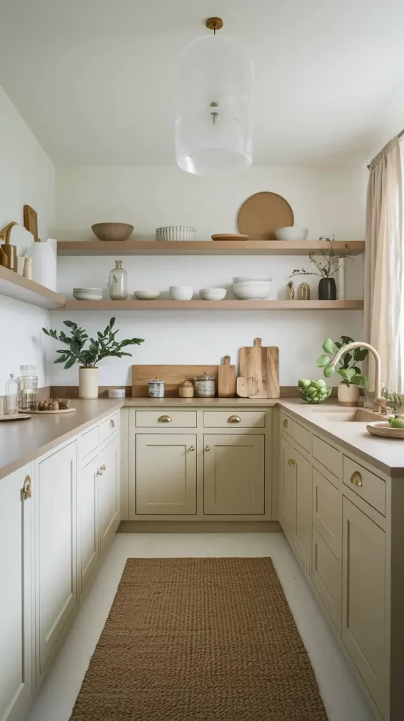 Neutral kitchen with off-white cabinets and brass accents