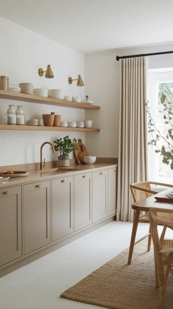 Greige kitchen with tan veined quartz countertop