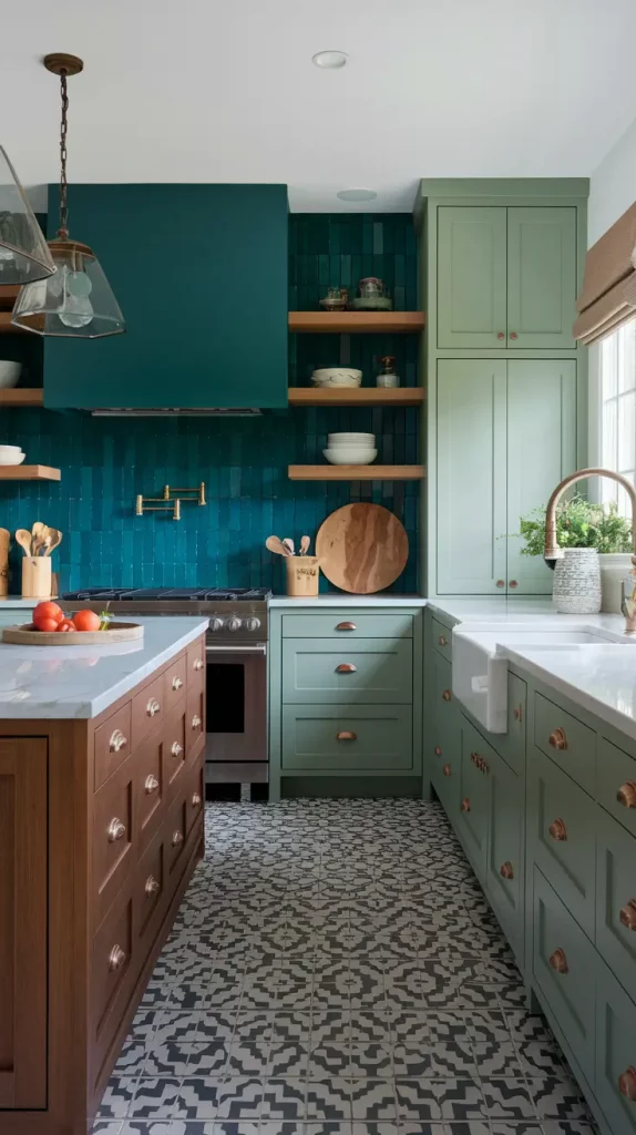 Bold kitchen color blocking with saffron walls