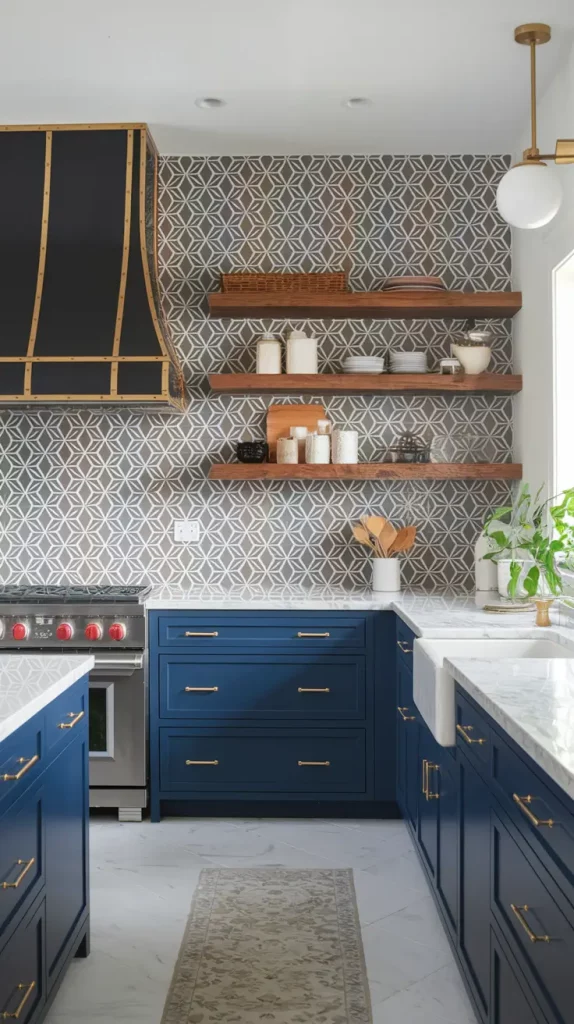 Bold geometric backsplash in kitchen