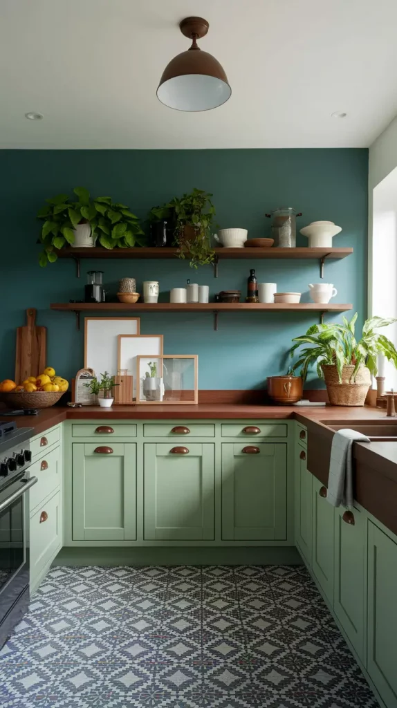 Kitchen with navy cabinets and natural wood accents