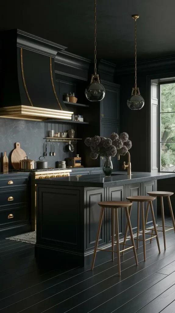 Matte black kitchen with dark oak floors