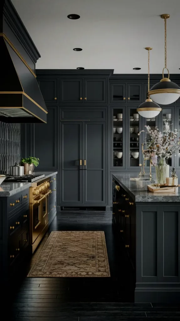 Dark kitchen with navy cabinets and gold hardware