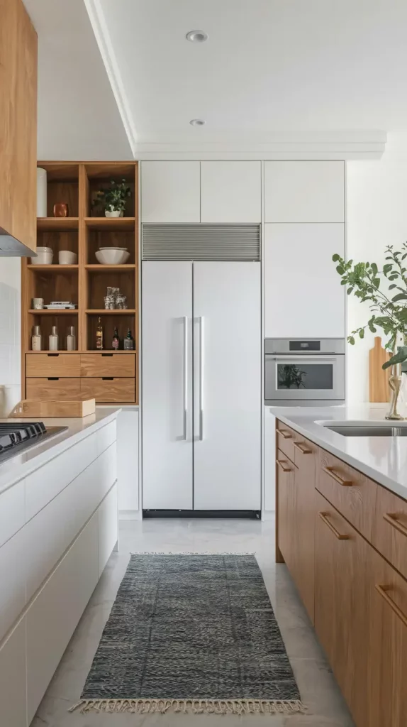 Narrow kitchen with flush fridge installation