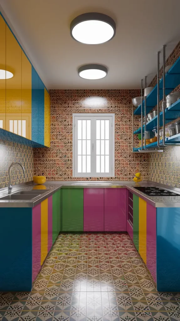 Nigerian kitchen with tiled floors and bold cabinetry
