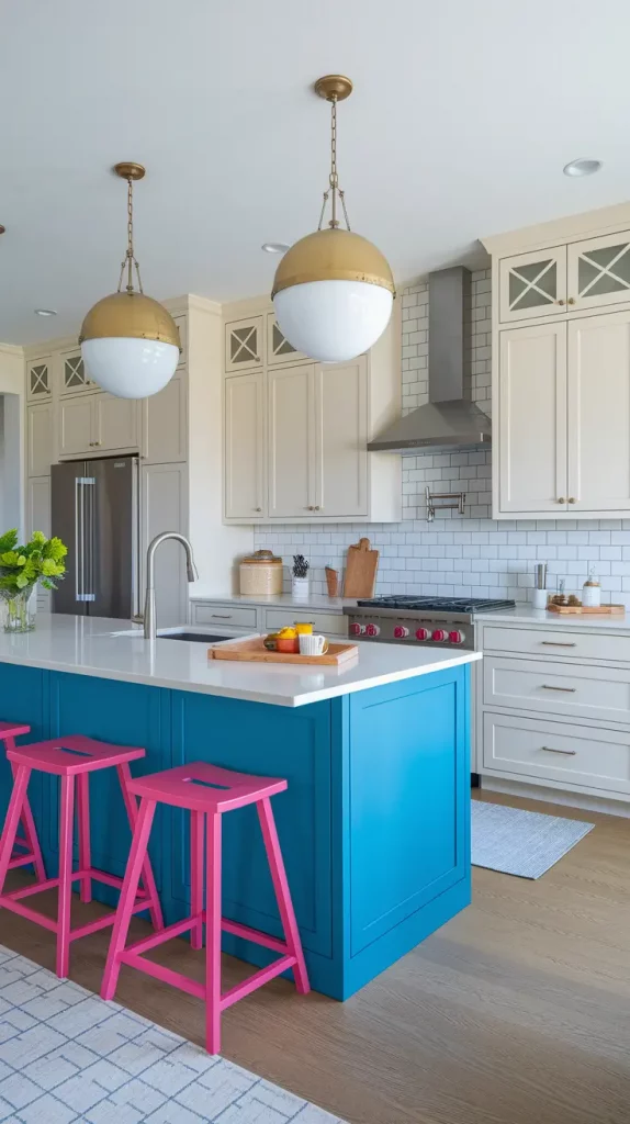 Kitchen with colorful island and accessories