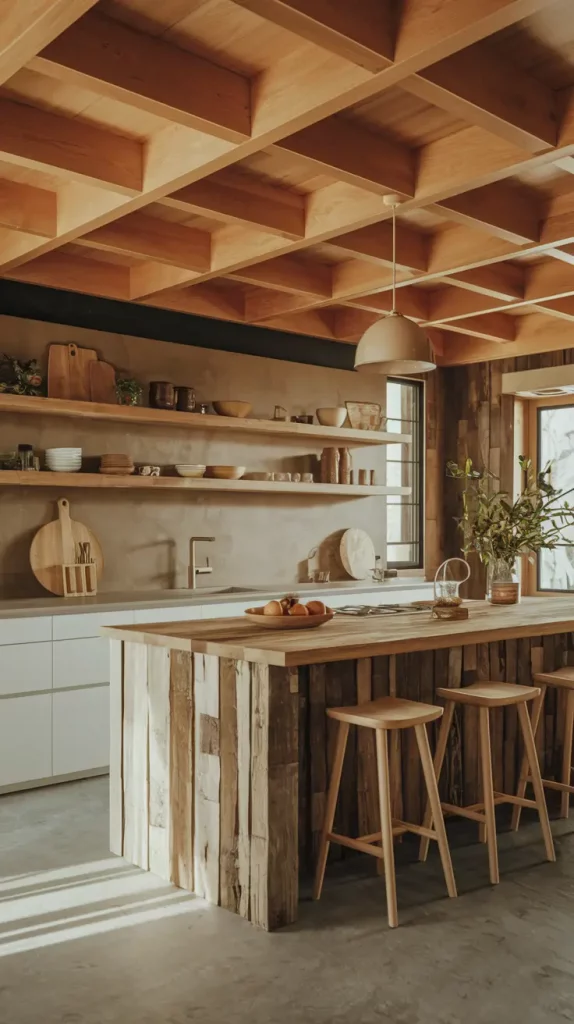 Driftwood-look kitchen cabinets and floating shelves