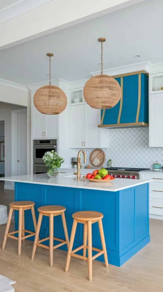 Kitchen with cobalt blue stools and yellow cabinet pulls