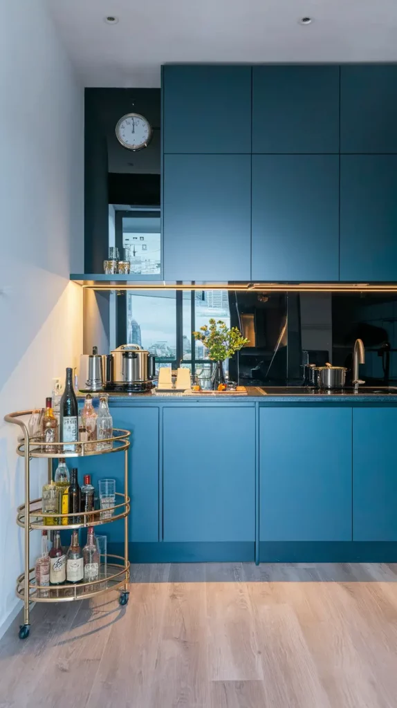 Small kitchen with narrow island and bar cart