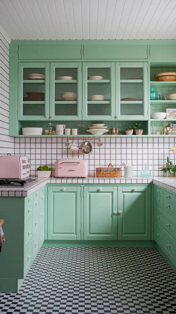 Mint green vintage kitchen cabinets