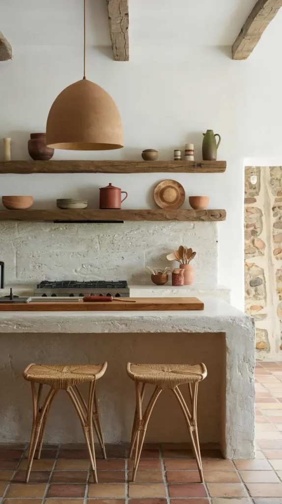 Kitchen with terracotta tiles and stone backsplash