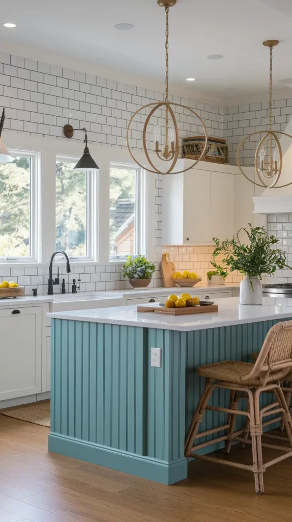 Kitchen with layered lighting including pendants and under-cabinet LEDs