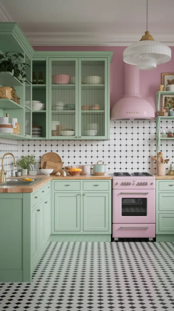 Vintage-inspired kitchen with pastel appliances