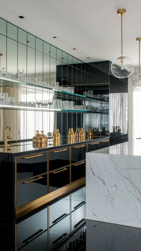 Black gloss kitchen with gold pulls and smoked glass
