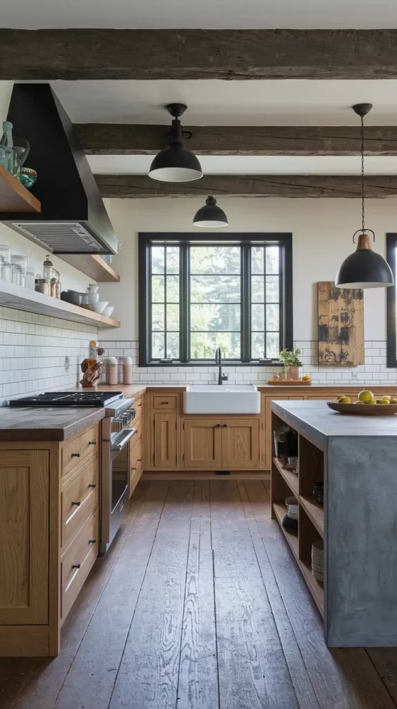 Rustic kitchen with distressed cabinets and modern backsplash