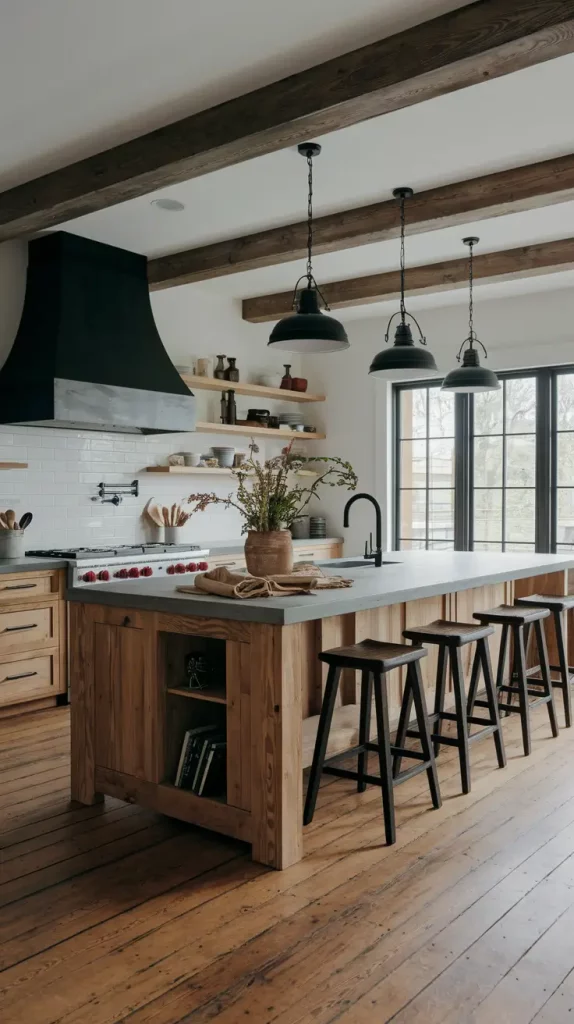 Refined rustic kitchen with cedar beams and charcoal cabinets