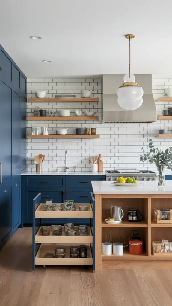 Kitchen with pull-out pantry and toe-kick drawers