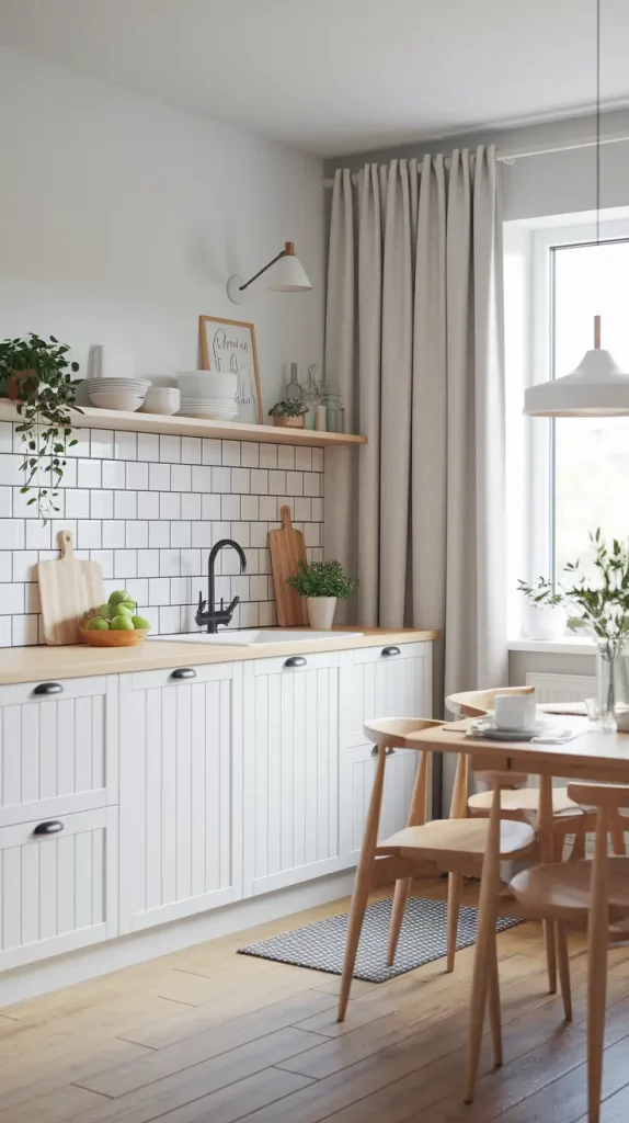 Scandinavian kitchen with pale cabinets and oak floors