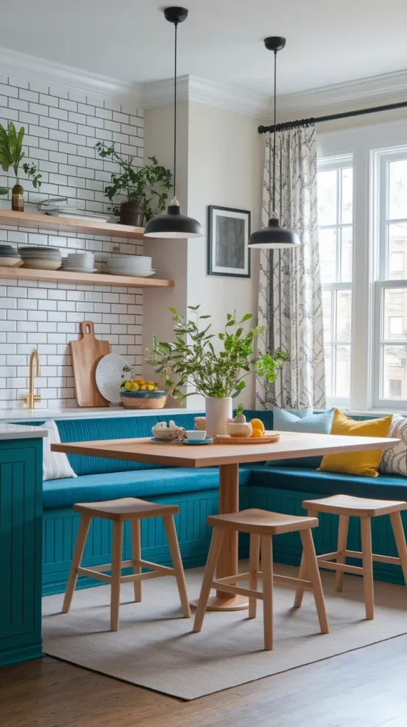 Kitchen with built-in banquette and dining table