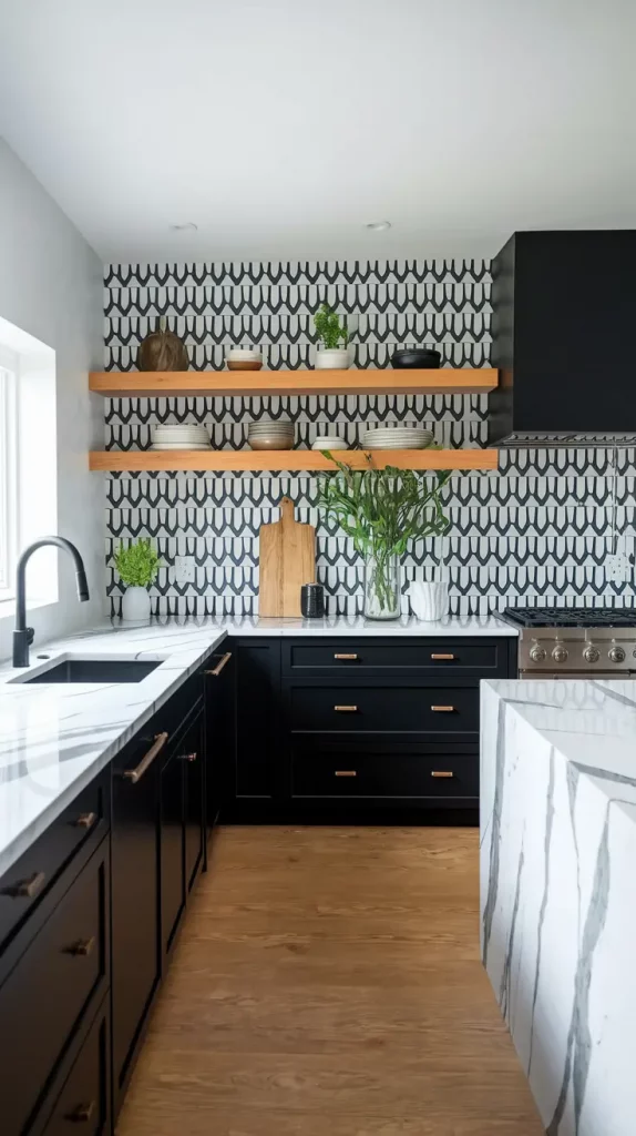 Monochrome kitchen with black lower and white upper cabinets